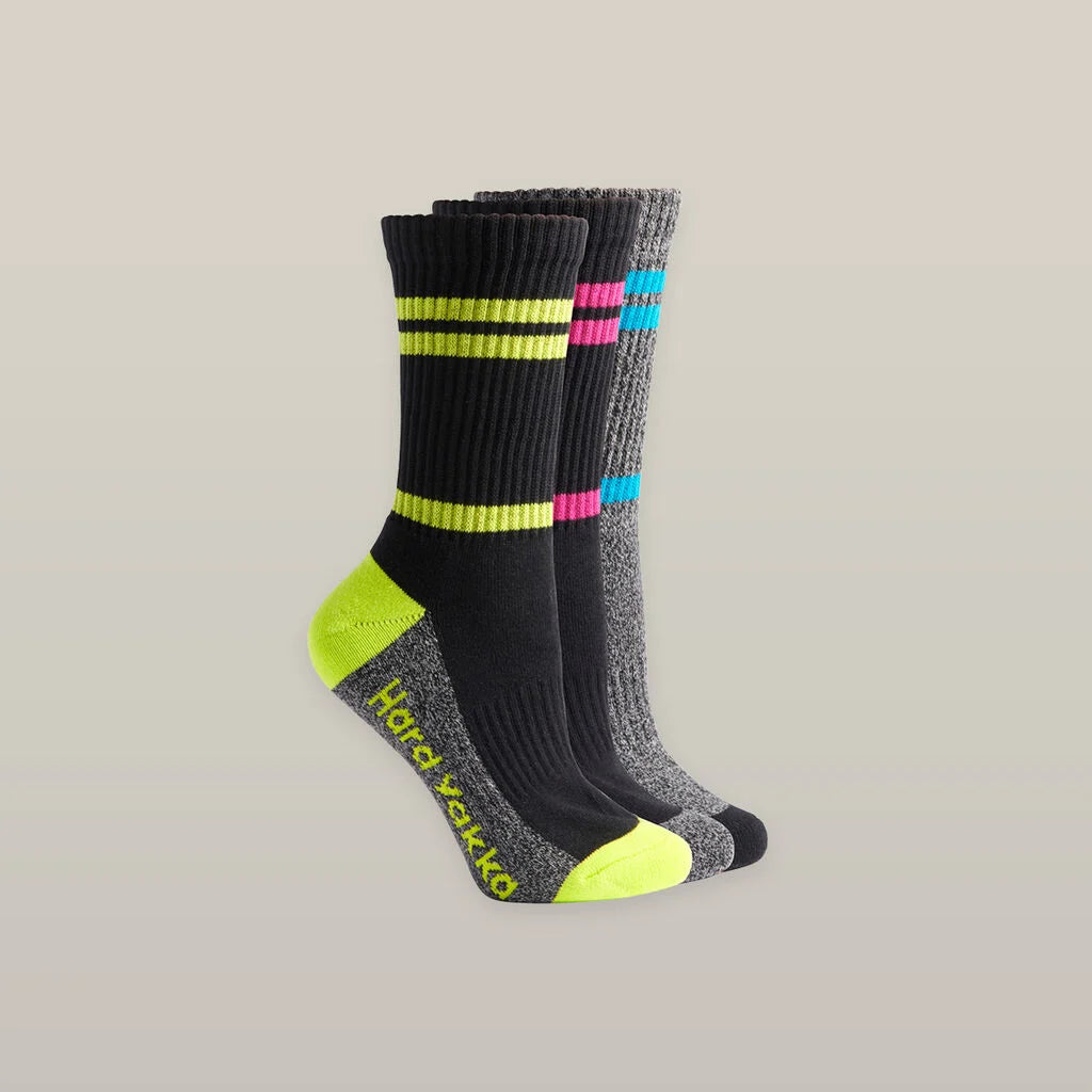 Hard Yakka - Womens Crew Work Sock - Multi Coloured - 3 Pack