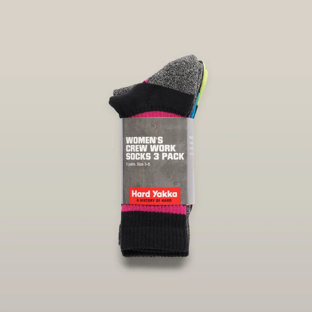 Hard Yakka - Womens Crew Work Sock - Multi Coloured - 3 Pack