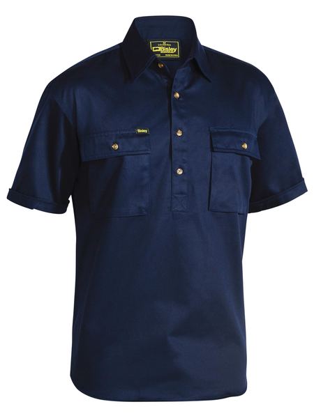 Bisley - Mens Cotton Drill Closed Front Work Shirt - Short Sleeve - Navy