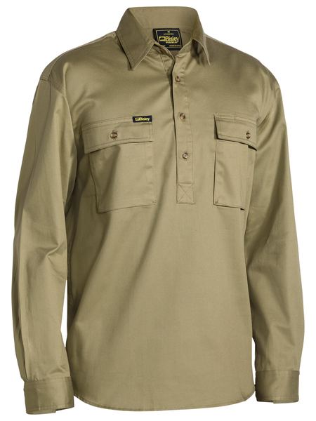 Bisley - Mens Long Sleeve Cotton Drill Closed Front Work Shirt - Khaki