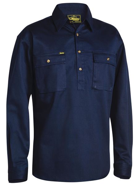 Bisley - Mens Long Sleeve Cotton Drill Closed Front Work Shirt - Navy