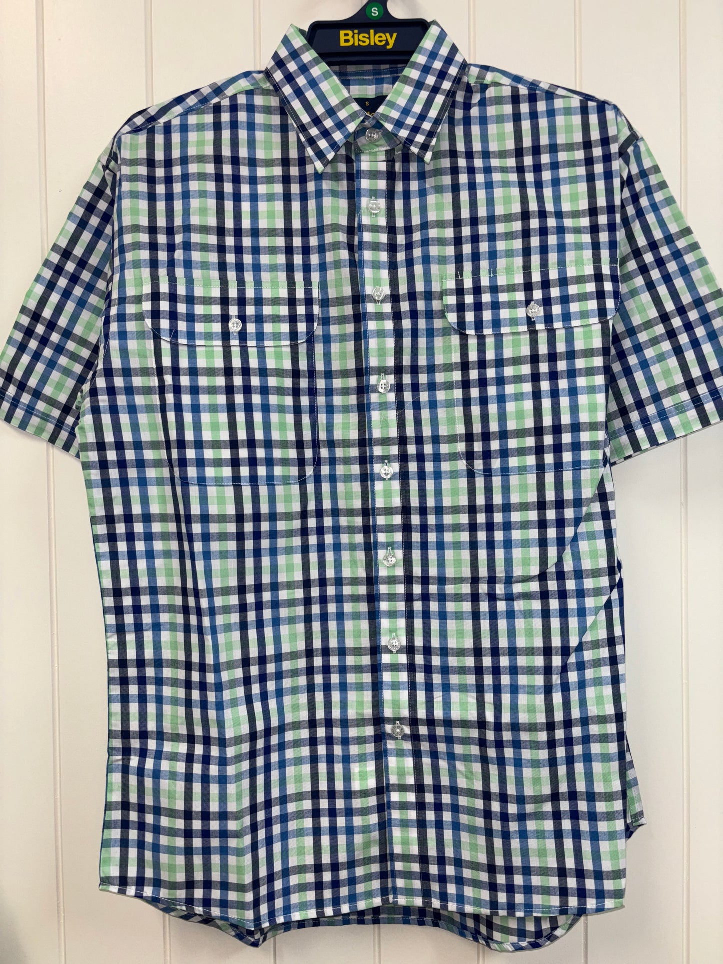 Bisley - Casual Short Sleeve Shirt - Green/Navy/Blue Check