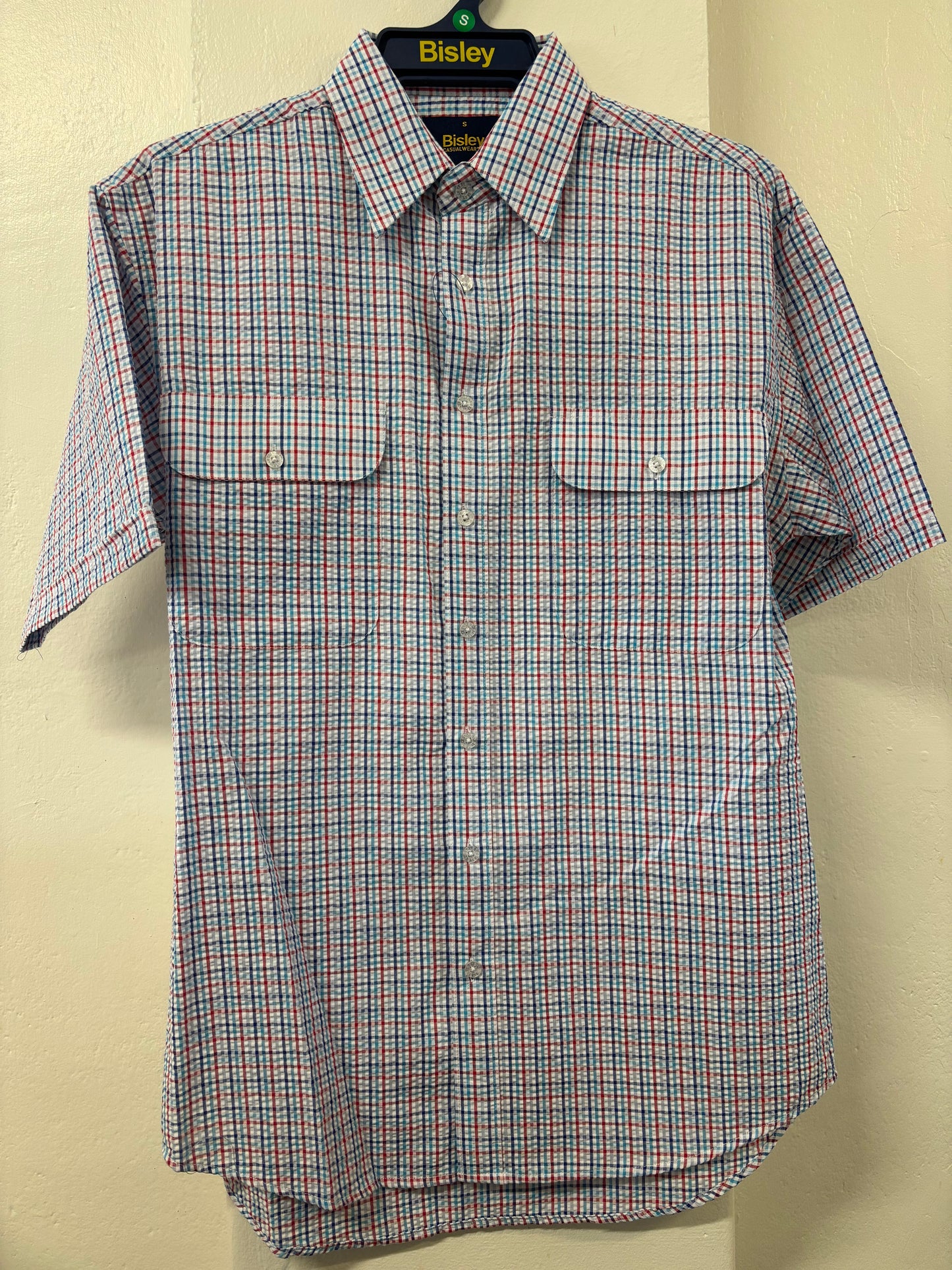 Bisley - Casual Short Sleeve Seersucker Shirt - Small Blue/Red/White Multi Check