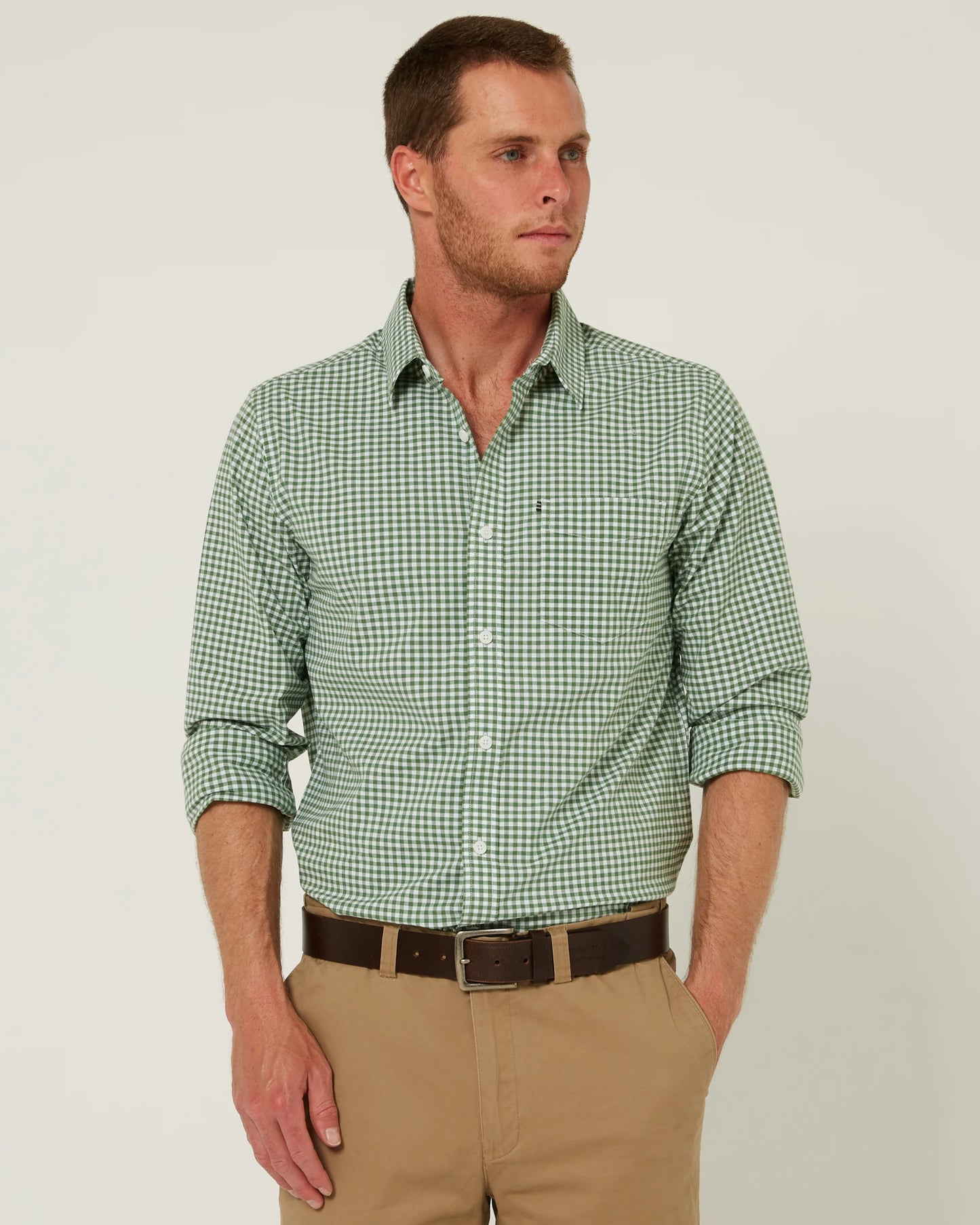 Pilbara -  Mens Long Sleeve Gingham Shirt - Green/White Check