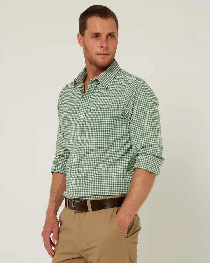 Pilbara -  Mens Long Sleeve Gingham Shirt - Green/White Check