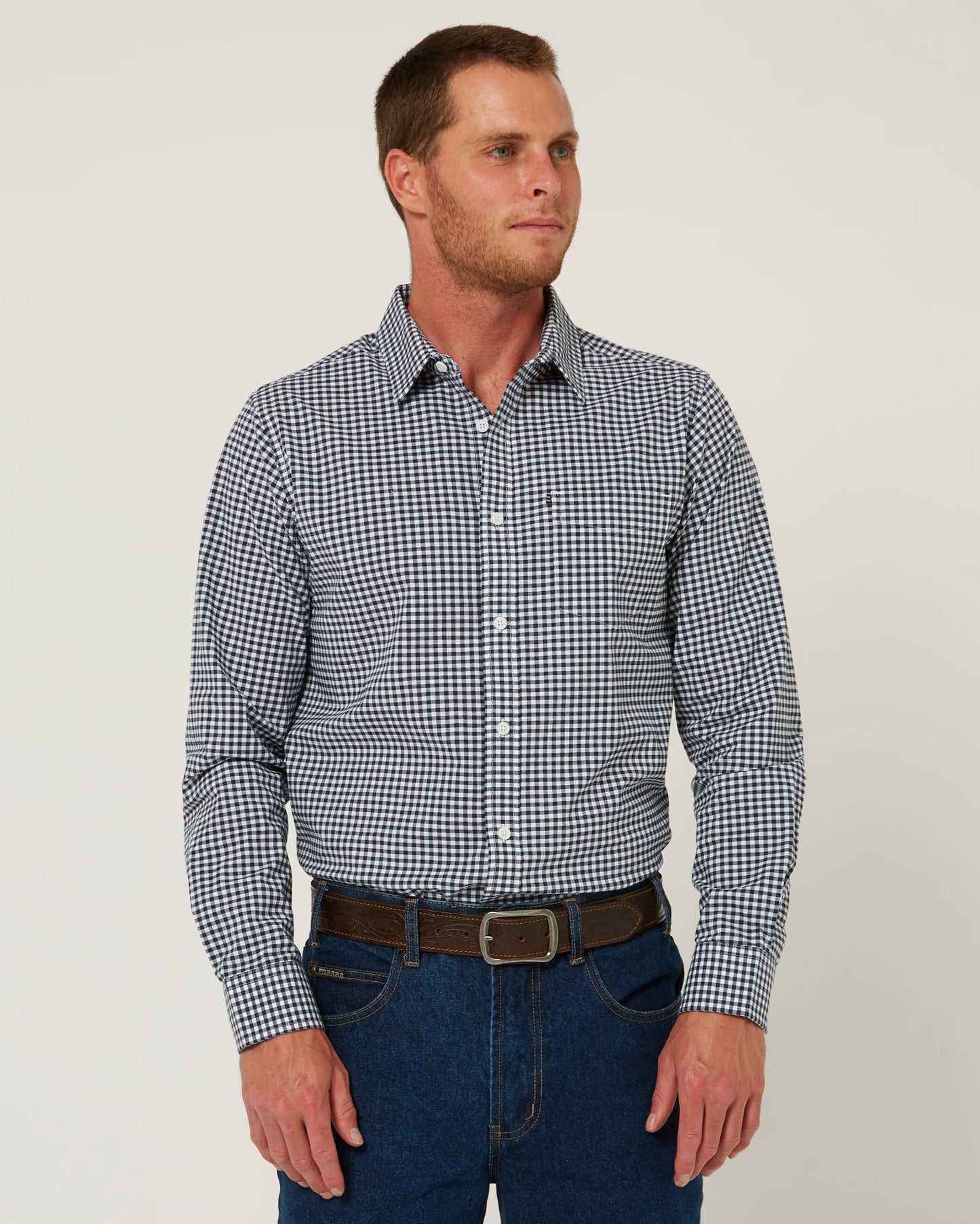 Pilbara - Mens Long Sleeve Gingham Shirt - Navy/White Check