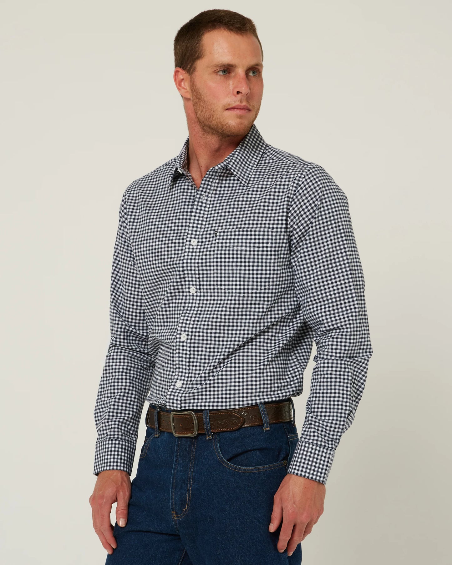 Pilbara - Mens Long Sleeve Gingham Shirt - Navy/White Check