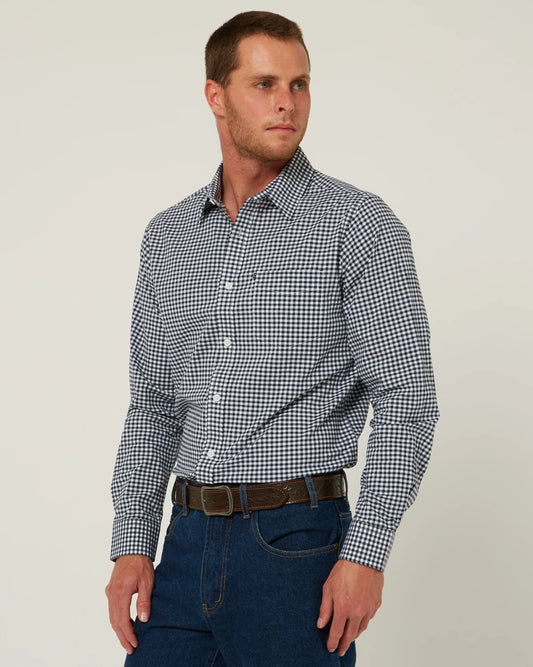 Pilbara - Mens Long Sleeve Gingham Shirt - Navy/White Check