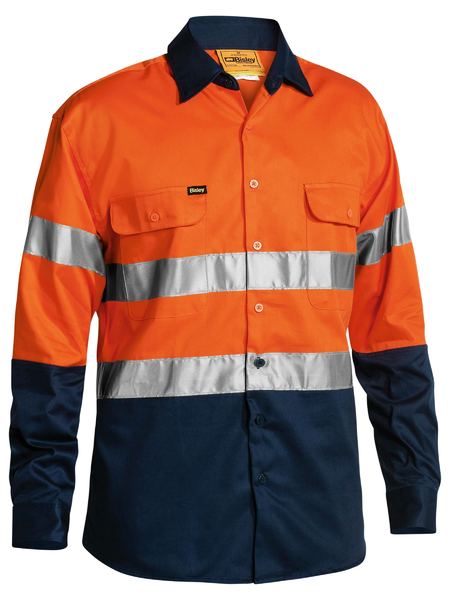 Bisley - Taped Hi Vis Drill Shirt Open Front - Orange/Navy