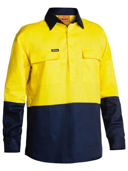 Bisley - Hi Vis Closed Front Drill Shirt - Yellow/Navy