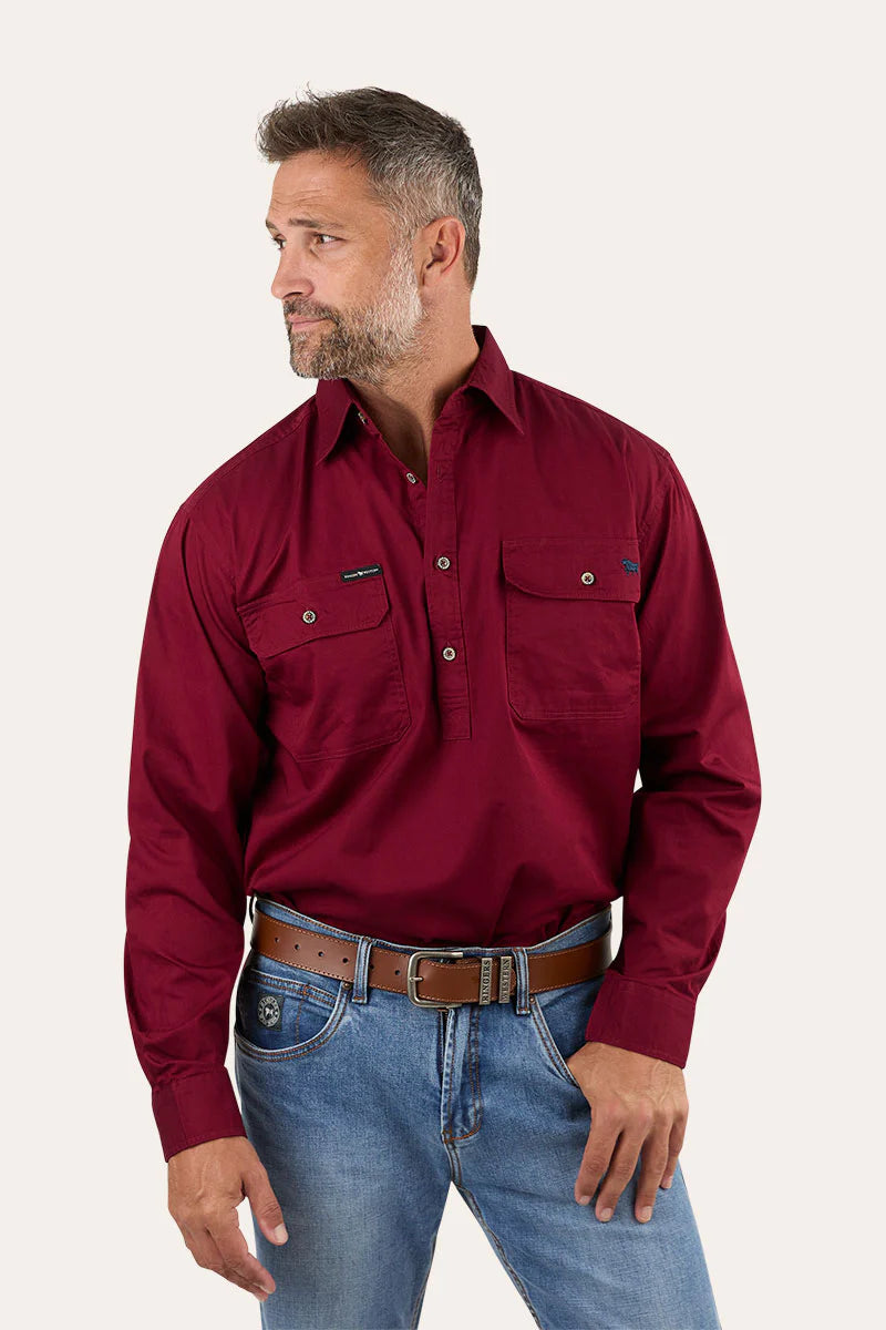 Ringers Western - King River Mens Half Button Work Shirt - Burgundy