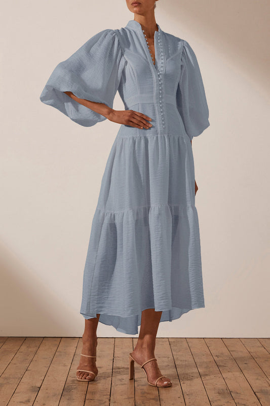 HIRE DRESS - SHONA JOY - CHARLOTTE HIGH NECK BLUE SMOKE MIDI DRESS