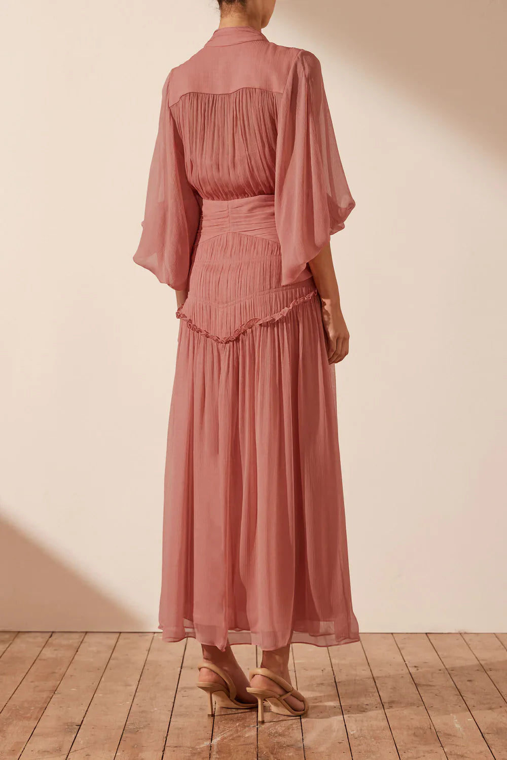 HIRE DRESS - SHONA JOY - LAUREN BUTTON UP RUCHED MIDI DRESS - BLUSH