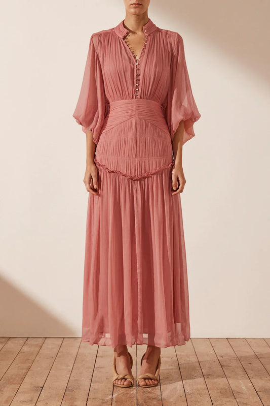 HIRE DRESS - SHONA JOY - LAUREN BUTTON UP RUCHED MIDI DRESS - BLUSH