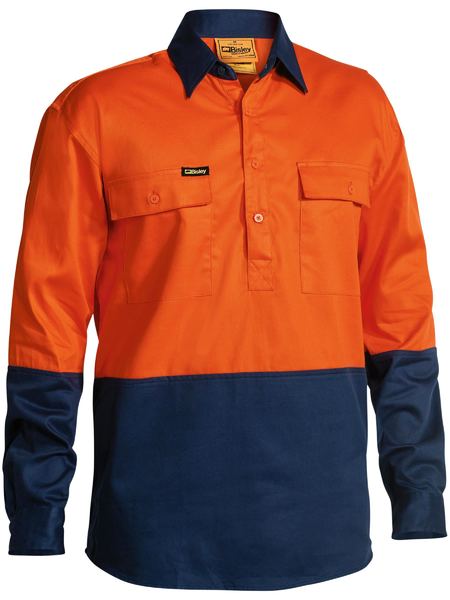 Bisley - Hi Vis Closed Front Drill Shirt - Orange/Navy