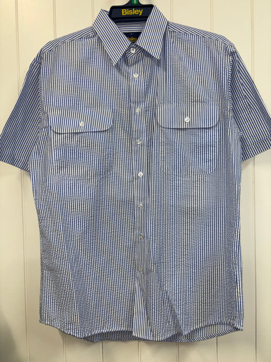 Bisley - Casual Seersucker Short Sleeve Shirt - Blue Stripe