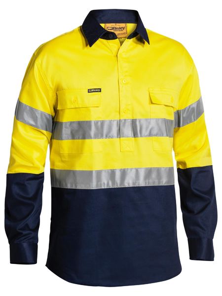 Bisley - Taped Hi Vis Closed Front Drill Shirt- Yellow/Navy