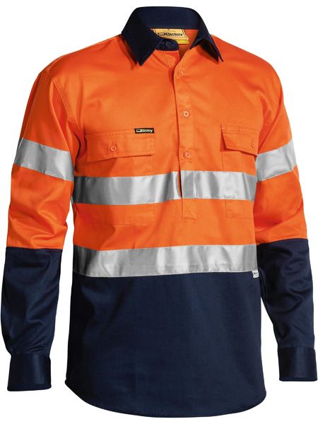 Bisley - Taped Hi Vis Closed Front Drill Shirt- Orange/Navy