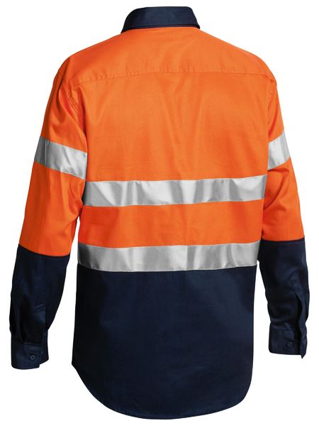 Bisley - Taped Hi Vis Closed Front Drill Shirt- Orange/Navy