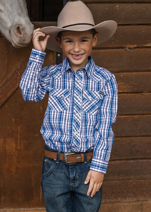 Pure Western - Boys Check Western Long Sleeve Shirt - Navy/Blue