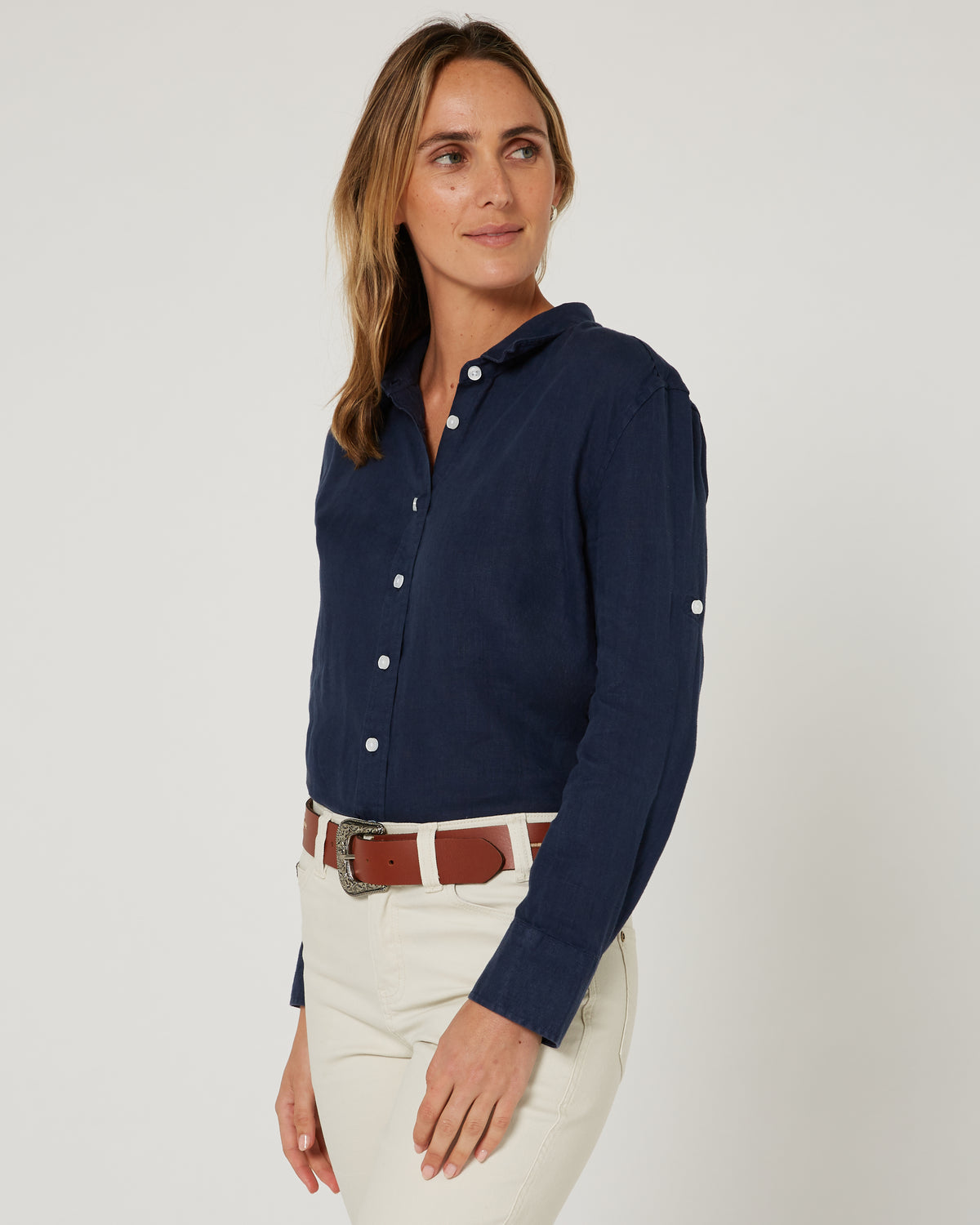 Pilbara-  Womens Florence Classic Linen Long Sleeve Shirt - Navy