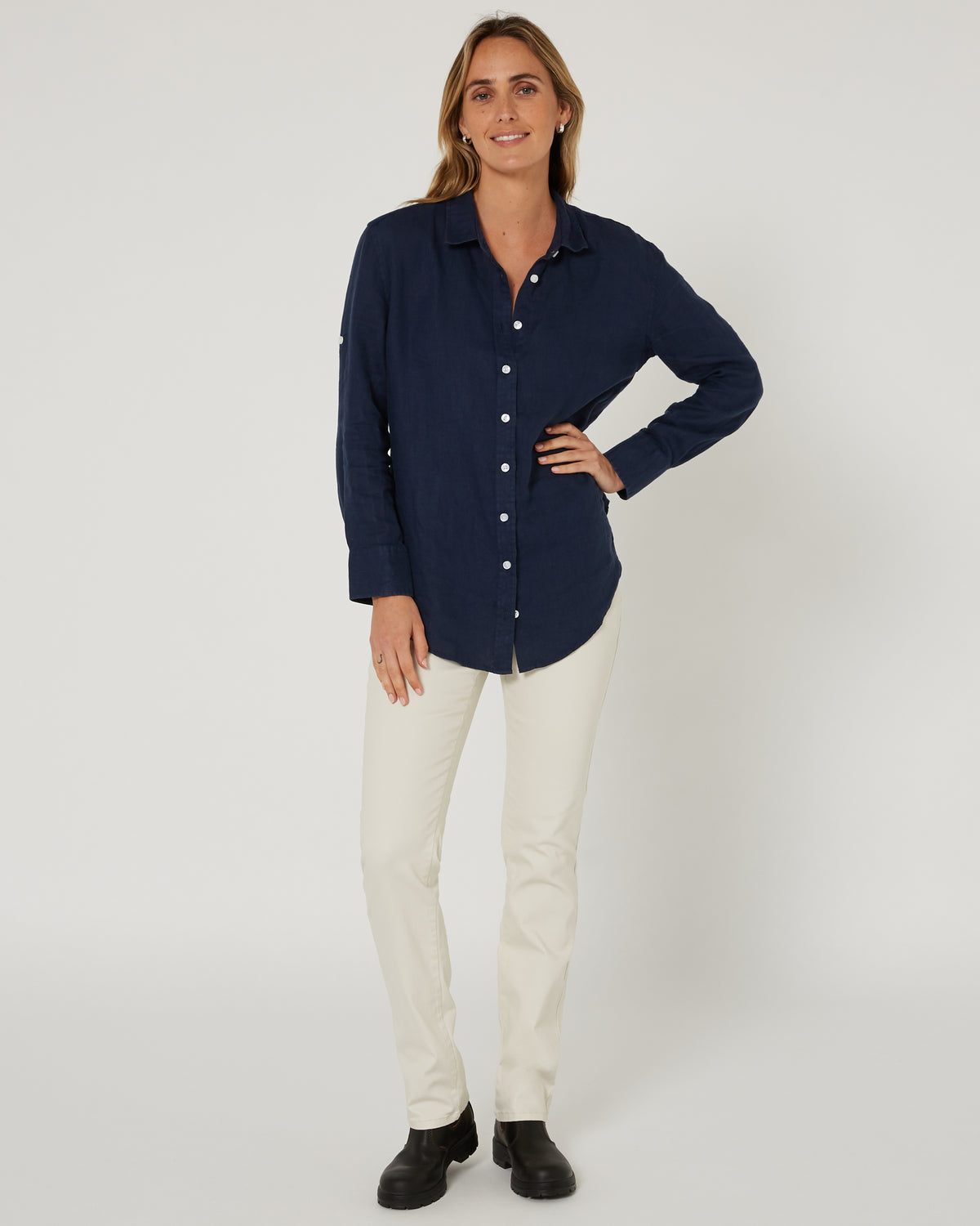 Pilbara-  Womens Florence Classic Linen Long Sleeve Shirt - Navy