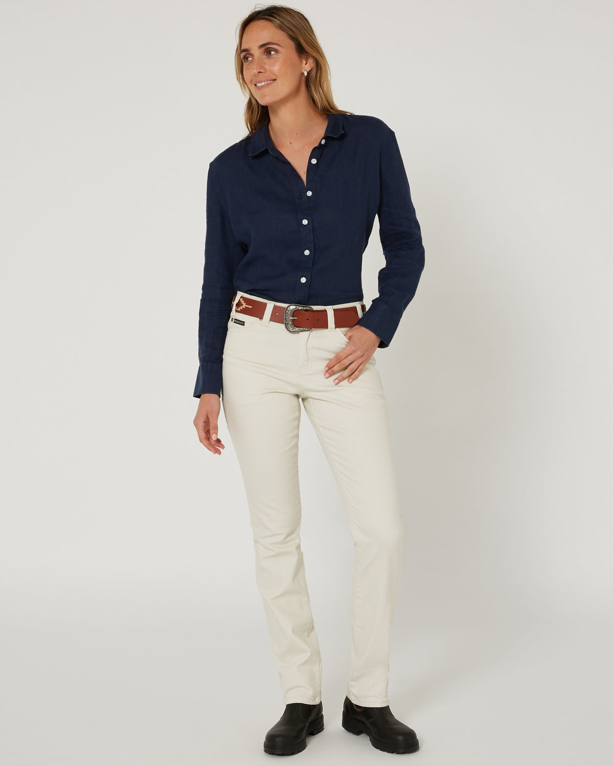 Pilbara-  Womens Florence Classic Linen Long Sleeve Shirt - Navy