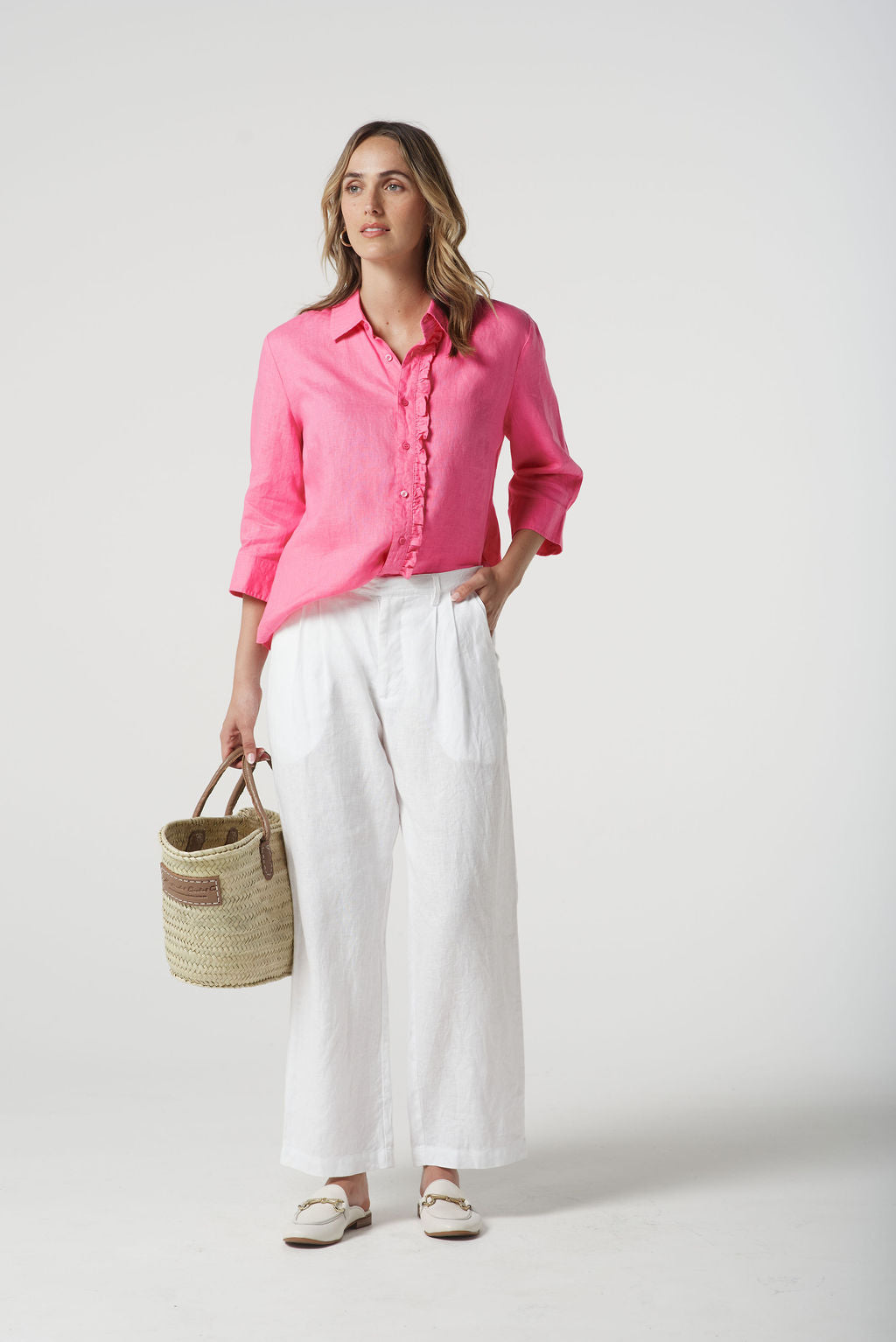 Goondiwindi Cotton - 3/4 Sleeve Frill Shirt - Pink Cosmos