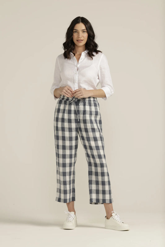 Goondiwindi Cotton - Linen Cropped Pant - Navy/White