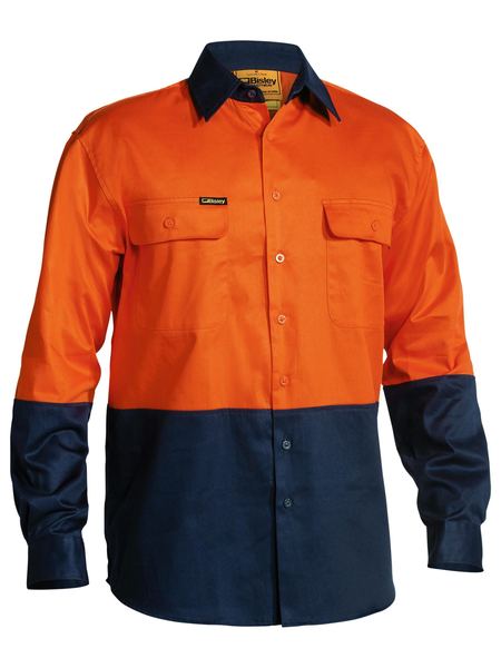 Bisley - Mens Long Sleeve Hi Vis Drill Shirt - Orange Navy