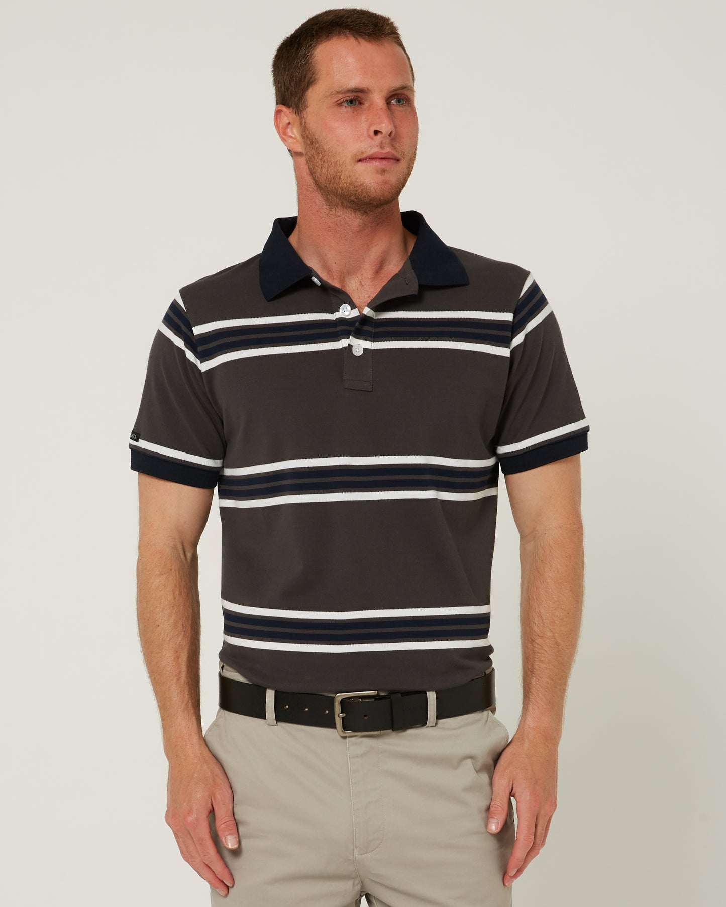 Pilbara - Mens Yarn Dyed Stripe Polo - Charcoal/White/Navy