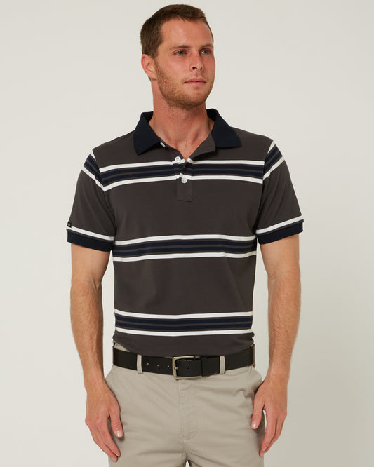 Pilbara - Mens Yarn Dyed Stripe Polo - Charcoal/White/Navy