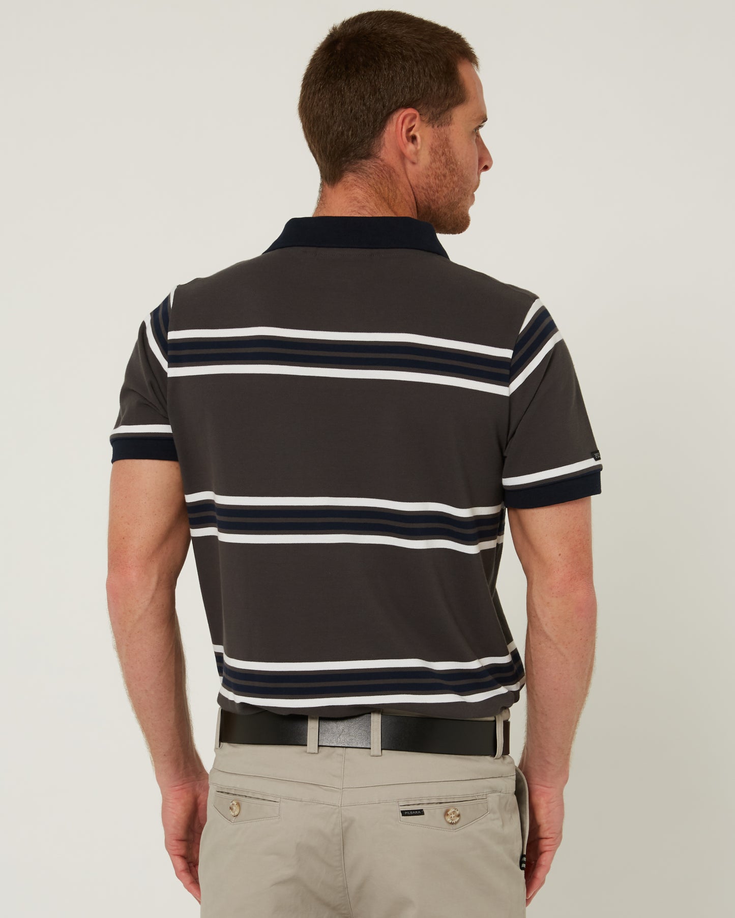 Pilbara - Mens Yarn Dyed Stripe Polo - Charcoal/White/Navy