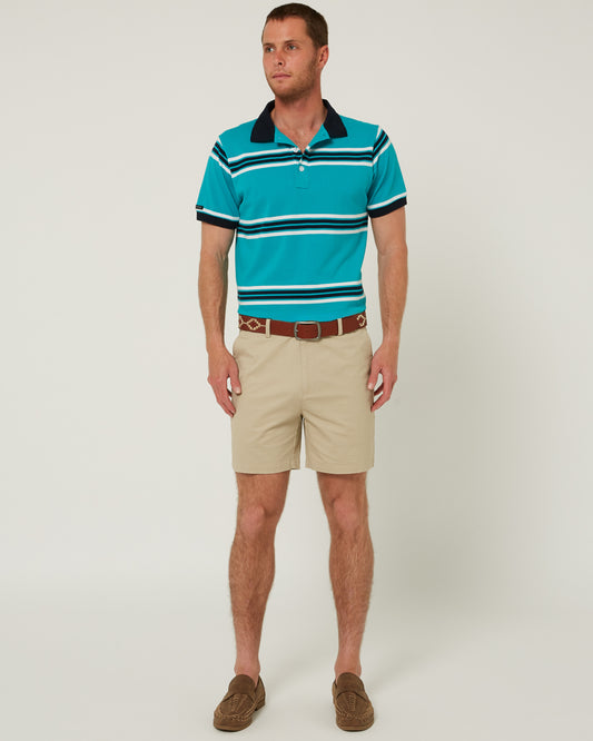 Pilbara - Mens Yarn Dyed Stripe Polo - Caribbean/White/Navy