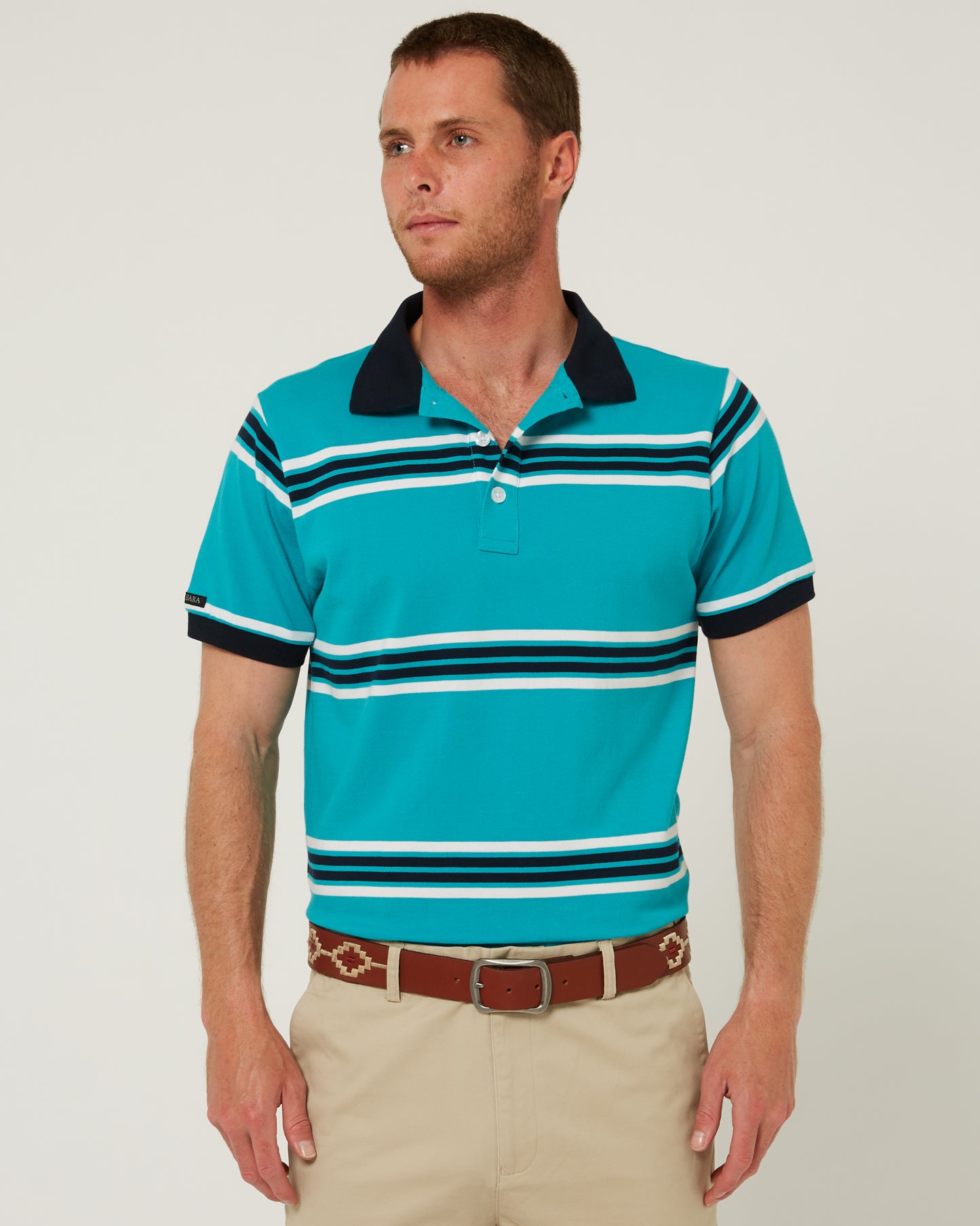 Pilbara - Mens Yarn Dyed Stripe Polo - Caribbean/White/Navy
