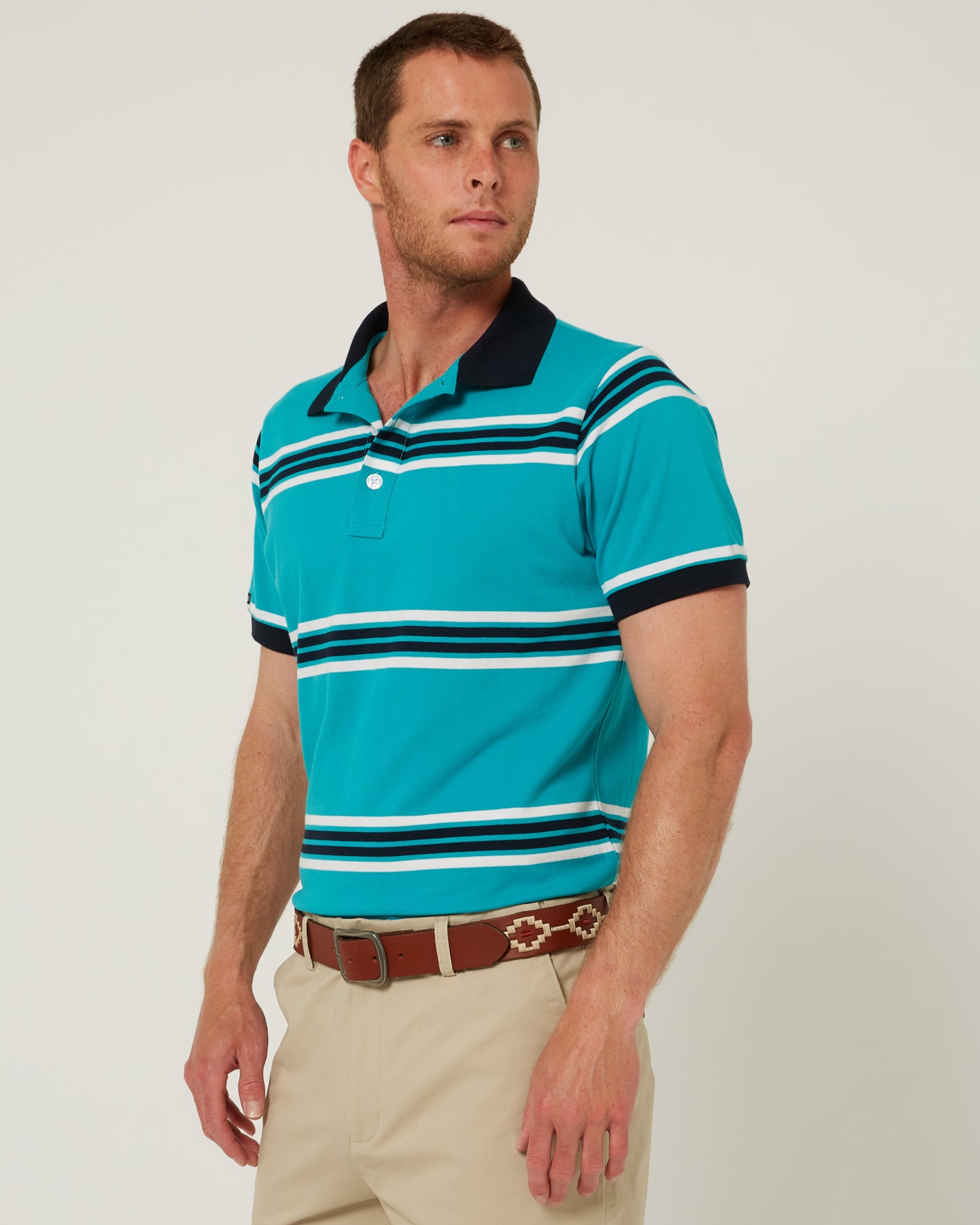Pilbara - Mens Yarn Dyed Stripe Polo - Caribbean/White/Navy