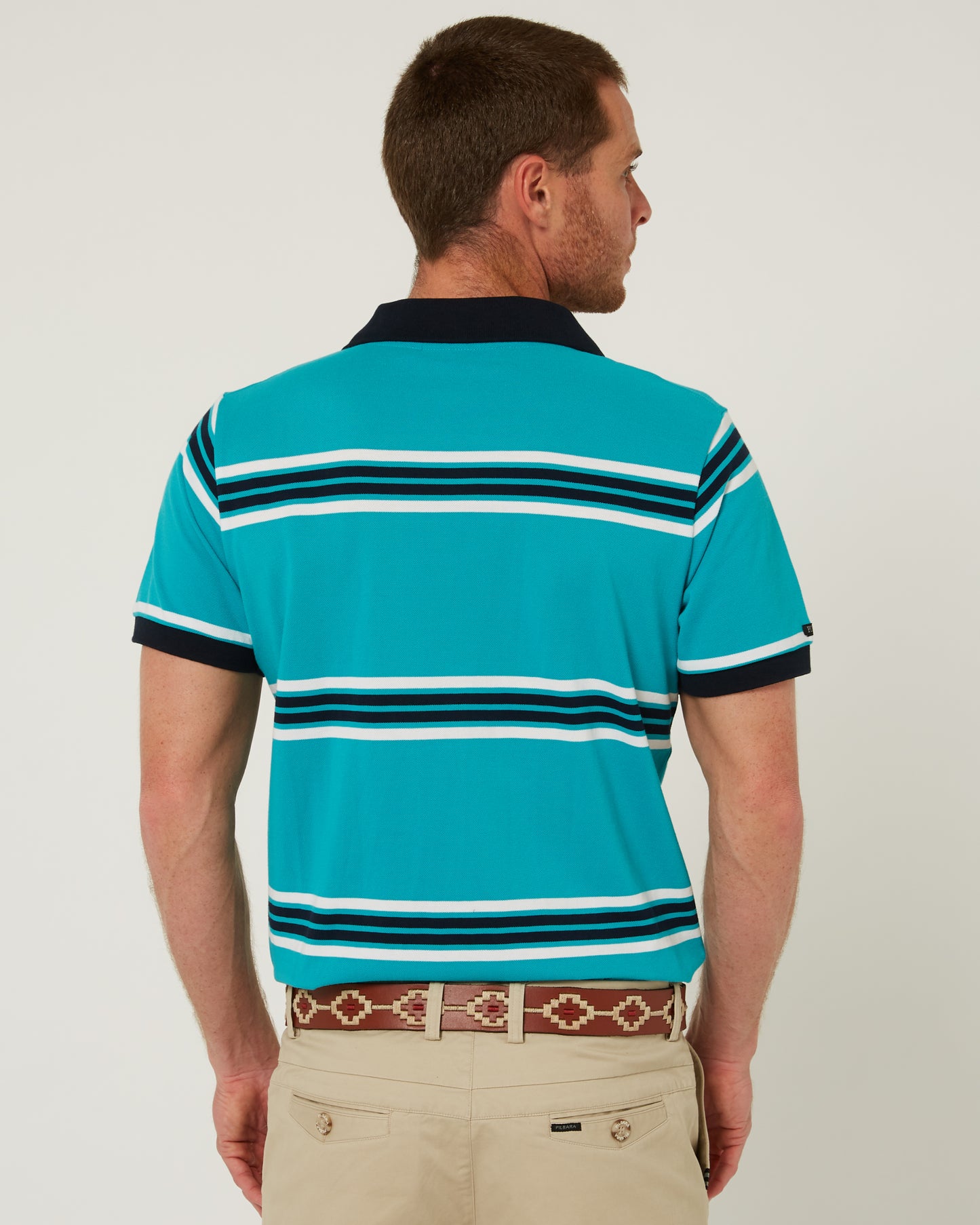 Pilbara - Mens Yarn Dyed Stripe Polo - Caribbean/White/Navy