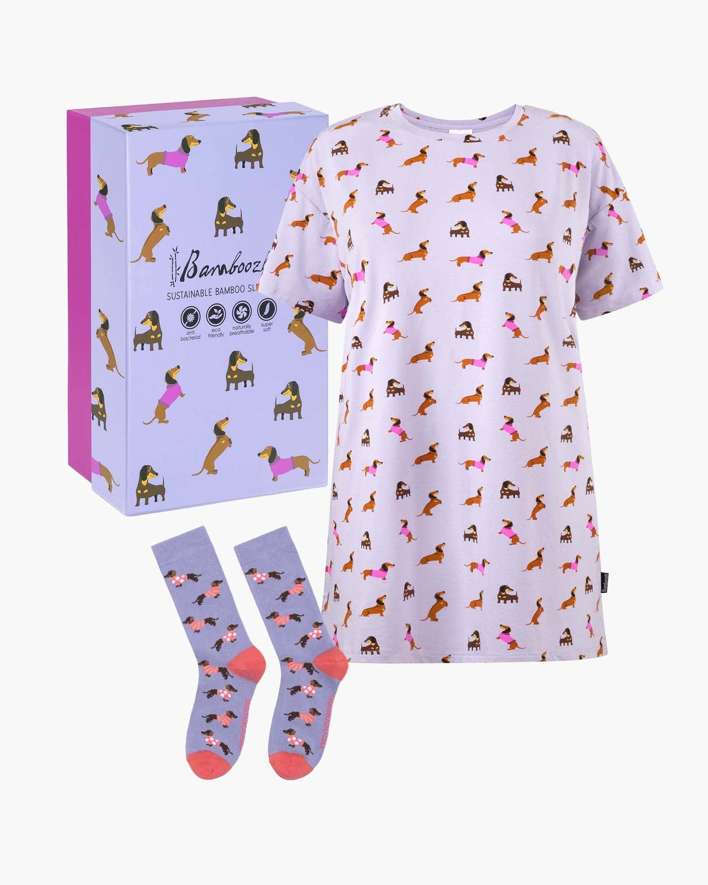 Bamboozld - Womens Dachshund Dreaming Night Tee & Sock Gift Set - Lilac