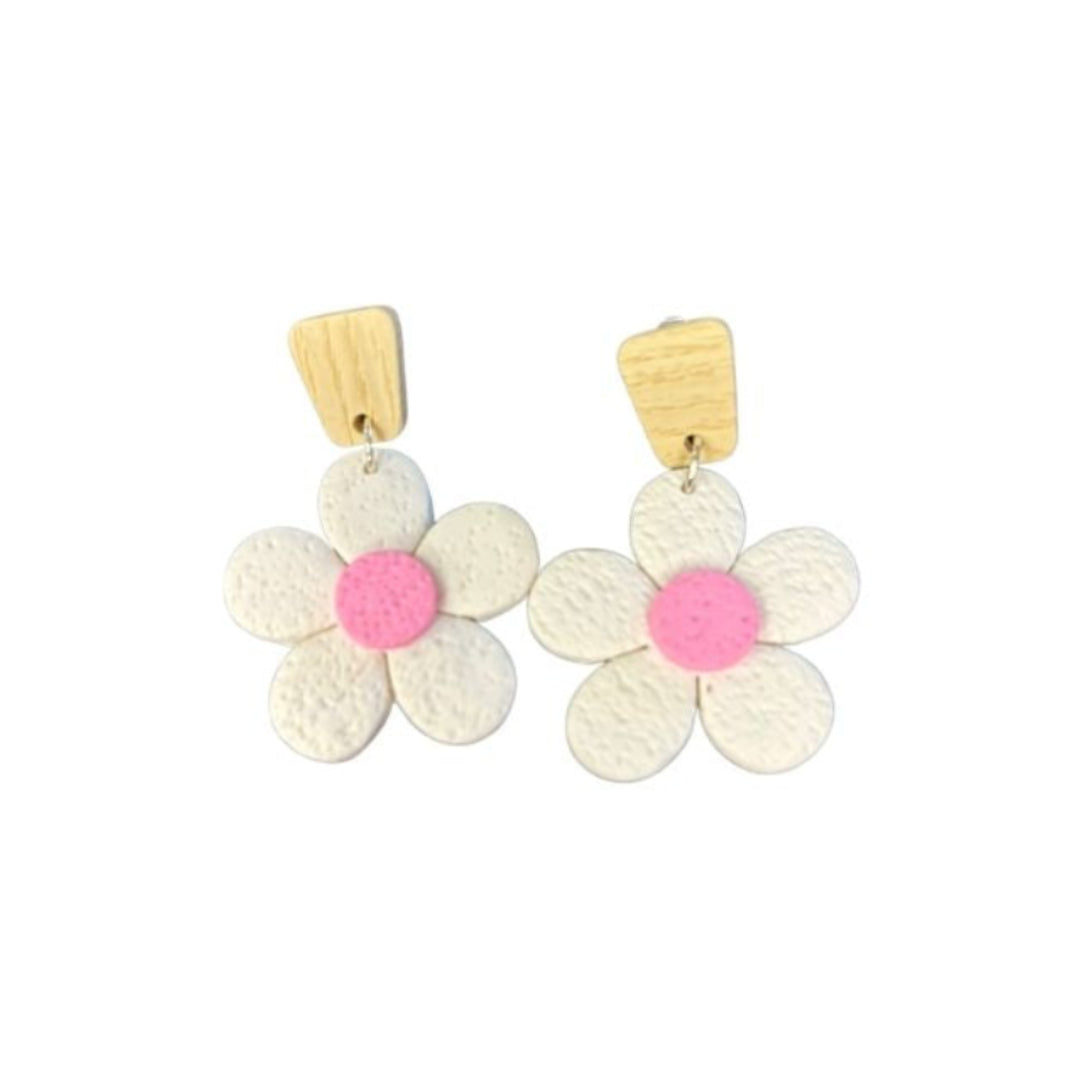 Rhianna's Earrings - Clay Flower Dangler - Cream/Pink