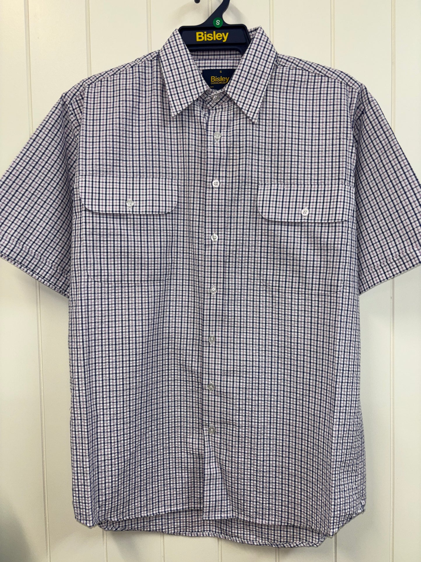 Bisley - Casual Seersucker Short Sleeve Shirt - Purple/Navy/White Check