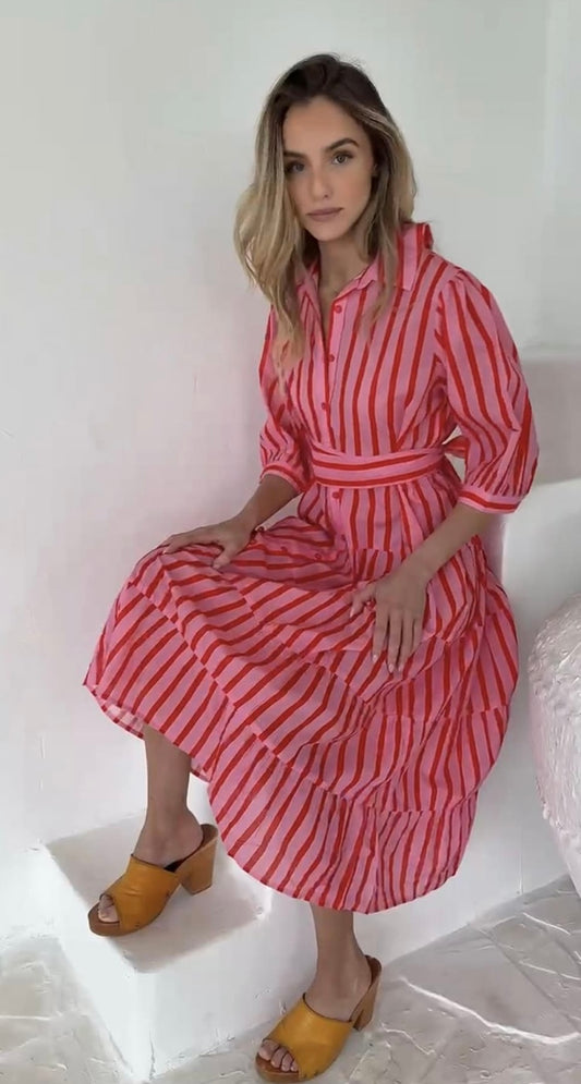 White Poetry - Candy Stripe Midi Dress - Pink/Red