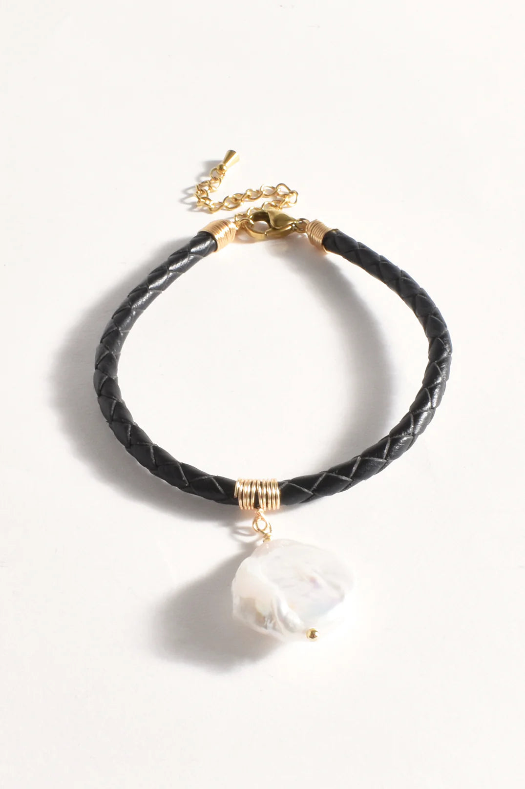 Adorne - Plaited Leather Pearl Drop Bracelet (Black)