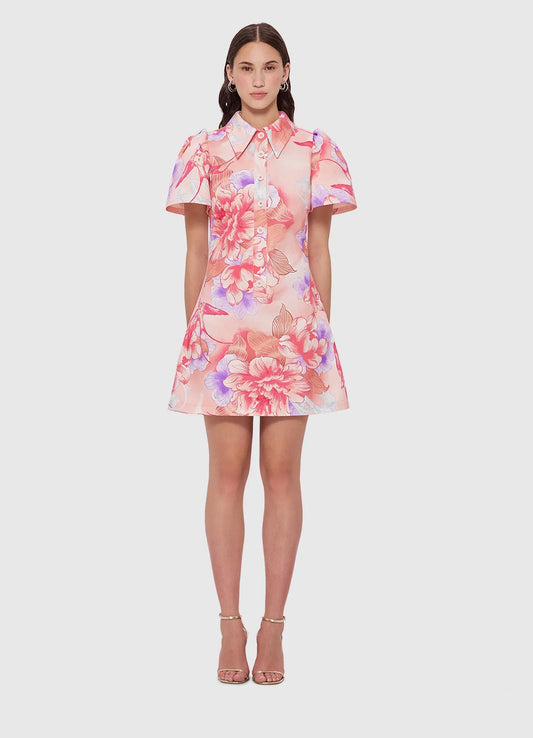 HIRE DRESS - LEO LIN - BROOKE SHIRT SLEEVE MINI DRESS - SWALLOW PRINT IN LUSH