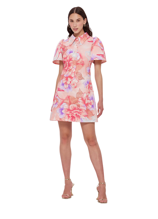 HIRE DRESS - LEO LIN - BROOKE SHIRT SLEEVE MINI DRESS - SWALLOW PRINT IN LUSH