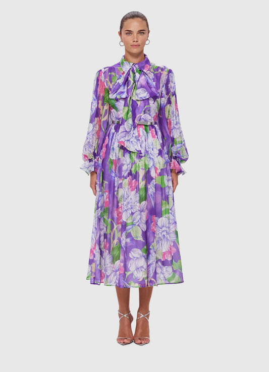 HIRE DRESS - LEO LIN - CASSIE TIE NECK MIDI DRESS - SWALLOW PRINT IN SERENITY