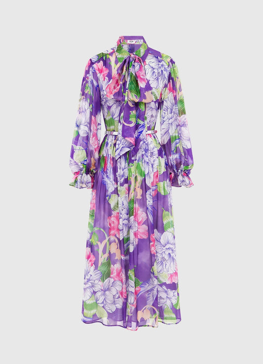 HIRE DRESS - LEO LIN - CASSIE TIE NECK MIDI DRESS - SWALLOW PRINT IN SERENITY