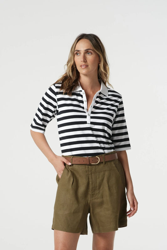 Goondiwindi Cotton - 3/4 Sleeve Stripe Polo - Navy/White