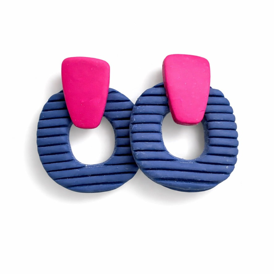 Rhianna's Earrings - Clay Drop Stud - Hot Pink/Navy