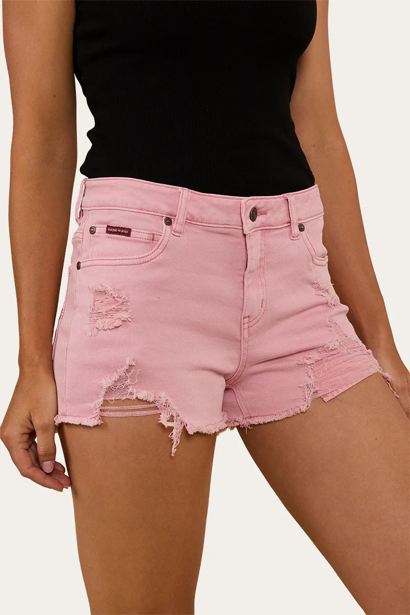 Ringers Western - Jessie Womens Mid Rise Ripped Denim Short - Light Pink