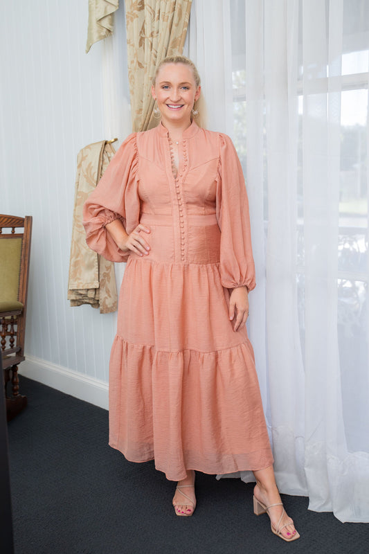 HIRE DRESS - SHONA JOY - CHARLOTTE HIGH NECK DESERT ROSE MIDI DRESS